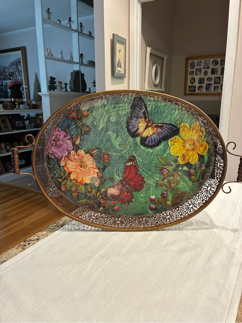 Pier 1 Imports Green Butterfly and Floral Metal Serving Tray